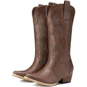 Women Bronze Synthetic Embroidered Pointy Toe Comfortable Chunky Heel Boot
